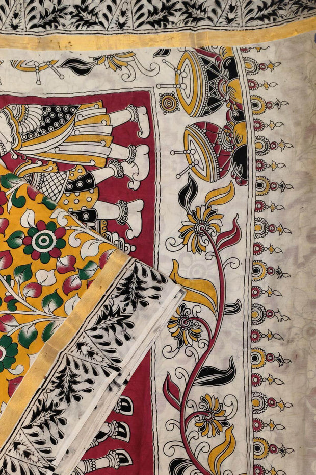 Mangalgiri silk cotton saree in  mustard in kalamkari print