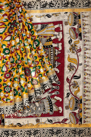 Mangalgiri silk cotton saree in  mustard in kalamkari print