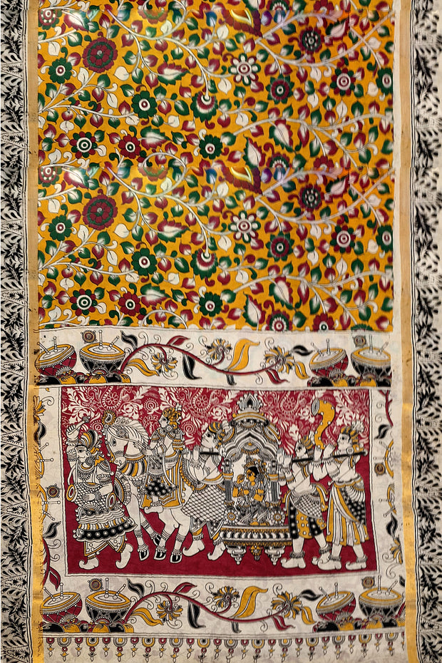 Mangalgiri silk cotton saree in  mustard in kalamkari print