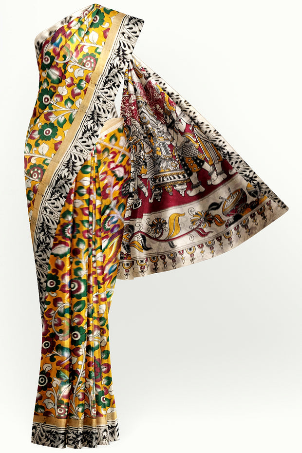 Mangalgiri silk cotton saree in  mustard in kalamkari print