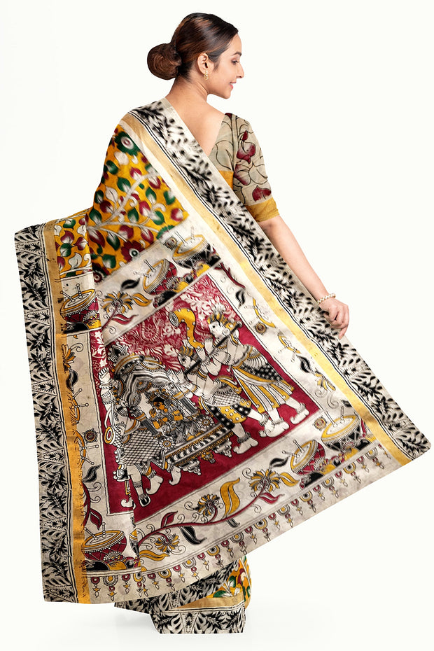 Mangalgiri silk cotton saree in  mustard in kalamkari print