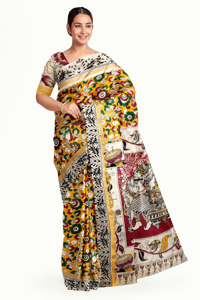 Mangalgiri silk cotton saree in  mustard in kalamkari print