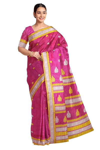 Mulberry pure silk saree  in pink  with colourful motifs on the body and thread work in pallu & border.