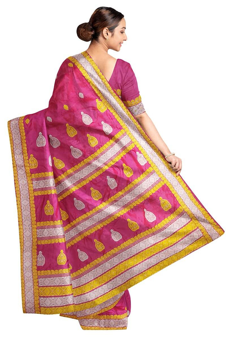 Mulberry pure silk saree  in pink  with colourful motifs on the body and thread work in pallu & border.