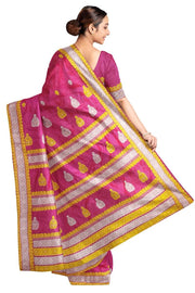 Mulberry pure silk saree  in pink  with colourful motifs on the body and thread work in pallu & border.