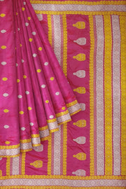 Mulberry pure silk saree  in pink  with colourful motifs on the body and thread work in pallu & border.