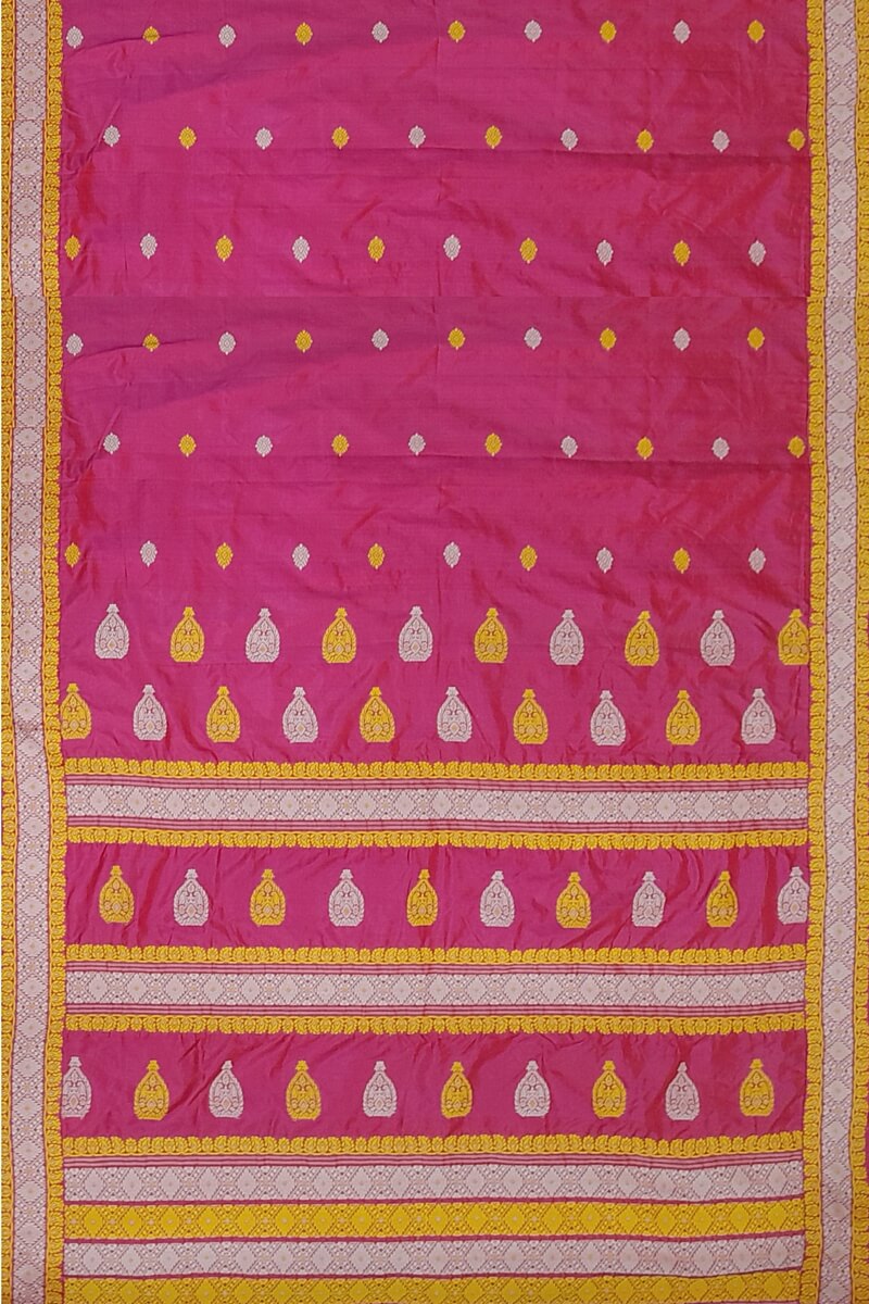 Mulberry pure silk saree  in pink  with colourful motifs on the body and thread work in pallu & border.