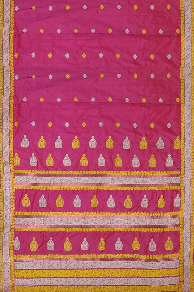 Mulberry pure silk saree  in pink  with colourful motifs on the body and thread work in pallu & border.