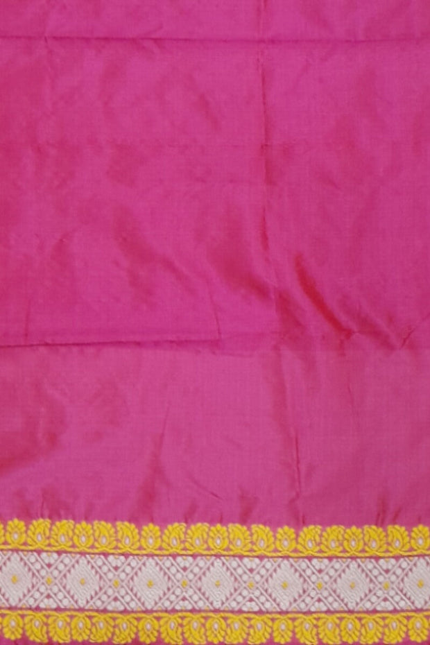 Mulberry pure silk saree  in pink  with colourful motifs on the body and thread work in pallu & border.