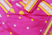 Mulberry pure silk saree  in pink  with colourful motifs on the body and thread work in pallu & border.