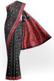 Mulberry pure silk saree in black with floral motifs all over the body.