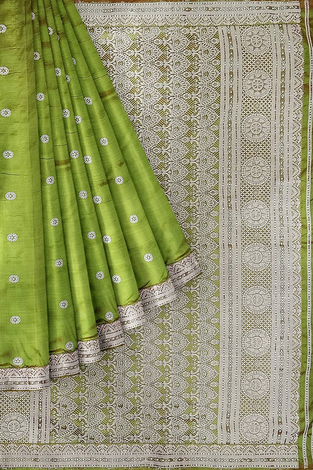 Mulberry pure silk saree in green with floral motifs all over the body.