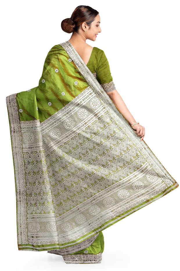 Mulberry pure silk saree in green with floral motifs all over the body.