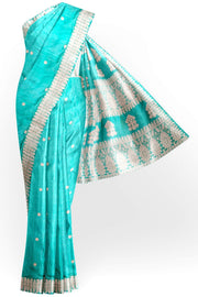 Mulberry pure silk saree in sea blue with floral motifs all over the body.