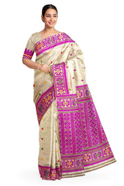 Mulberry pure silk saree in beige with floral motifs all over the body.
