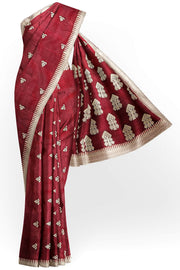 Mulberry raw silk saree in maroon with floral motifs all over the body.