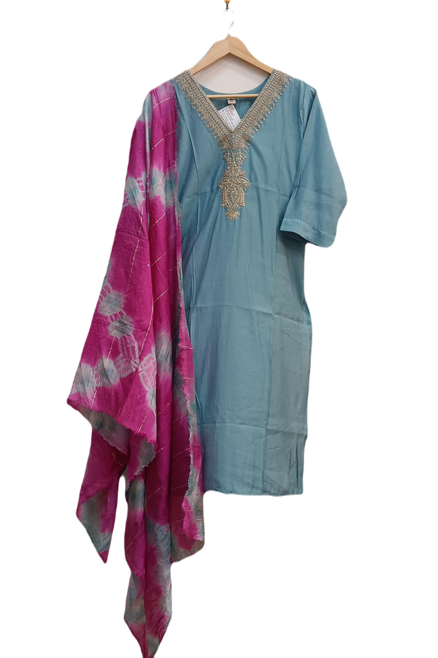 Muslin 2 piece kurta & dupatta set in bluish grey