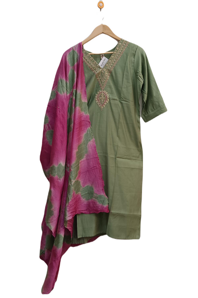 Muslin 2 piece kurta & dupatta set in olive green