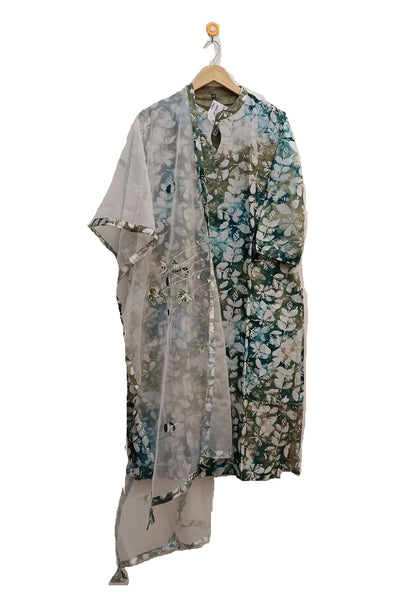 Muslin  2 piece  kurta & dupatta set in greenish grey