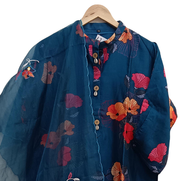 Muslin  2 piece  kurta & dupatta set in prussian blue