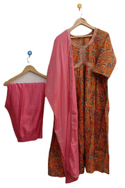 Muslin 3 piece kurta set (top ,  bottom & dupatta ) in orange colour