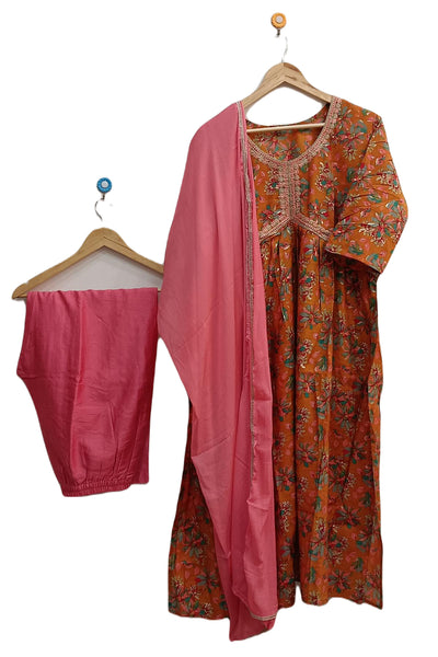 Muslin 3 piece kurta set (top ,  bottom & dupatta ) in orange colour