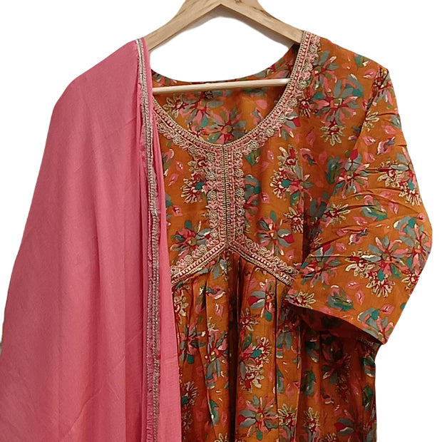 Muslin 3 piece kurta set (top ,  bottom & dupatta ) in orange colour