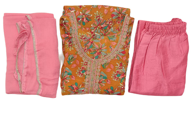 Muslin 3 piece kurta set (top ,  bottom & dupatta ) in orange colour