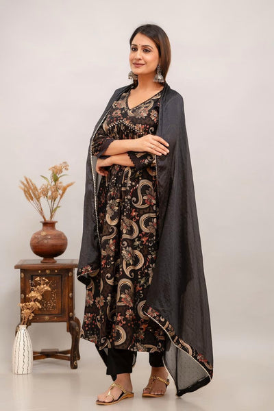 Muslin 3piece kurta set ( top, bottom & dupatta) in black