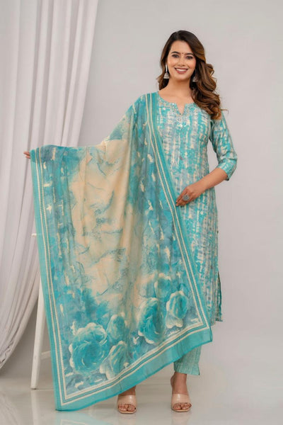 Muslin 3piece kurta set ( top, bottom & dupatta) in teal green