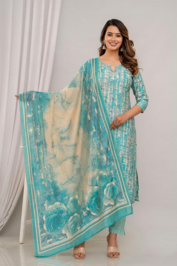 Muslin 3piece kurta set ( top, bottom & dupatta) in teal green