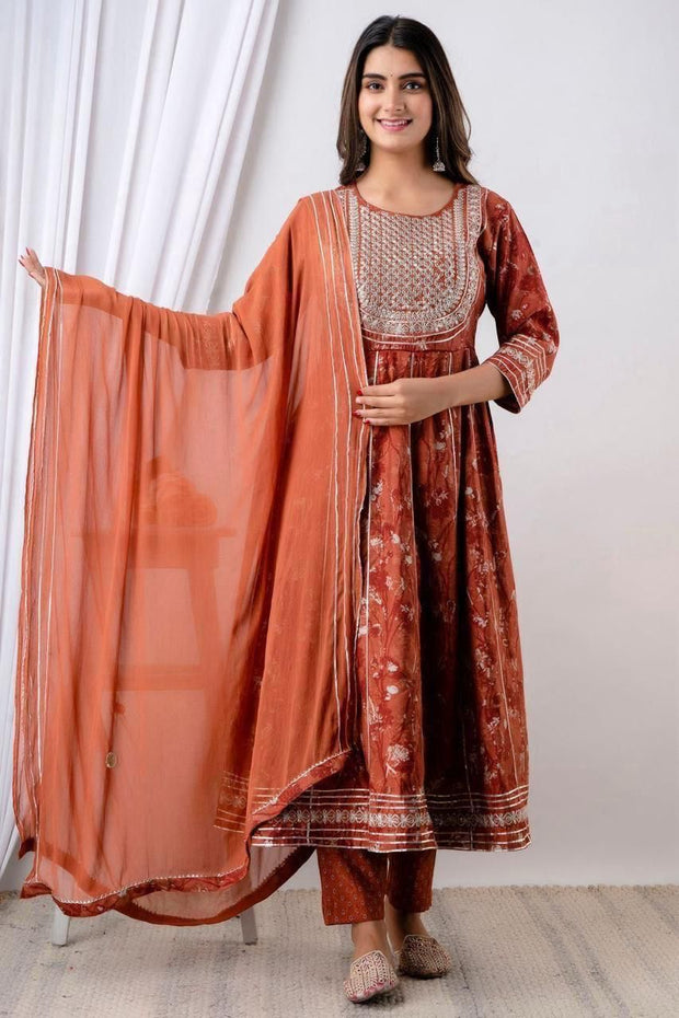 Muslin 3piece kurta set ( top, bottom & dupatta)in rust colour