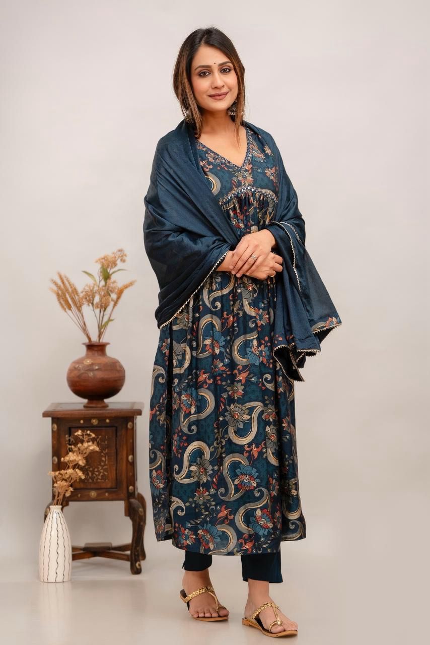 Muslin 3piece kurta set  ( top, bottom & dupatta) in navy blue