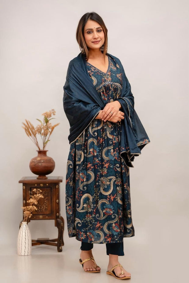 Muslin 3piece kurta set  ( top, bottom & dupatta) in navy blue
