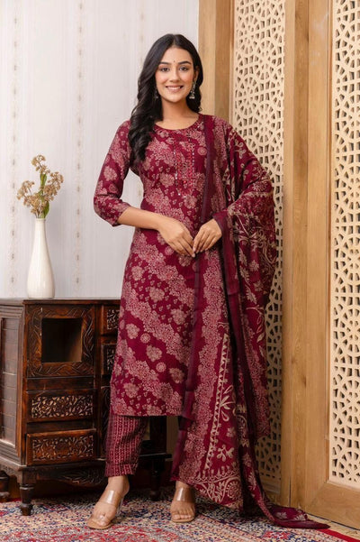 Muslin 3piece kurta set ( top, bottom & dupatta) in maroon
