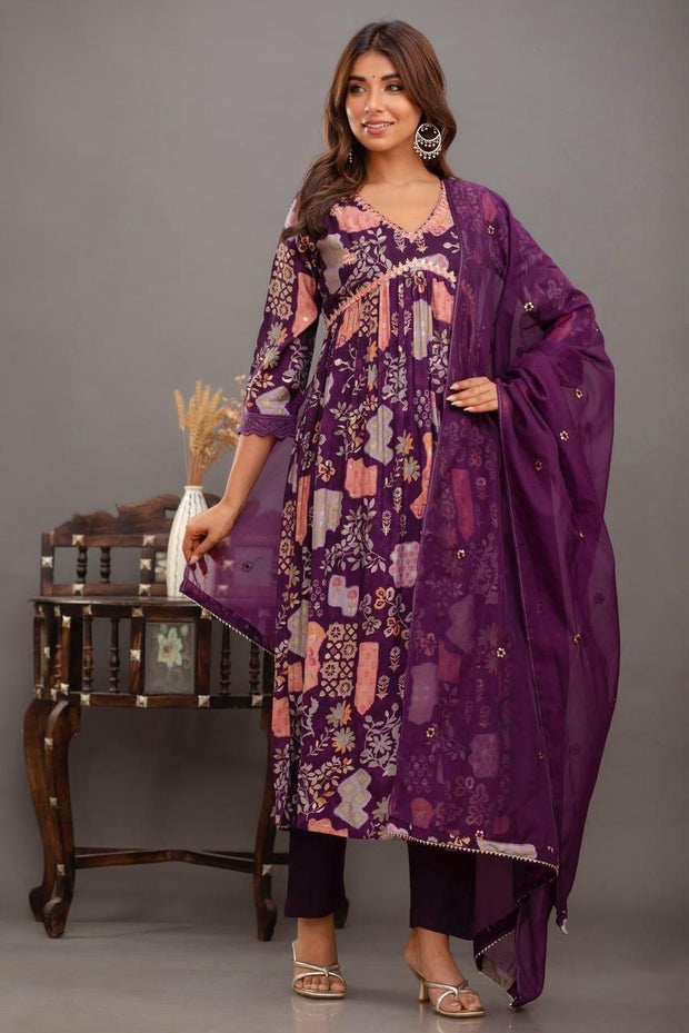 Muslin 3piece kurta set ( top, bottom & dupatta) in violet