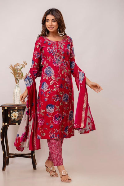 Muslin 3piece kurta set ( top, bottom & dupatta) in dark pink