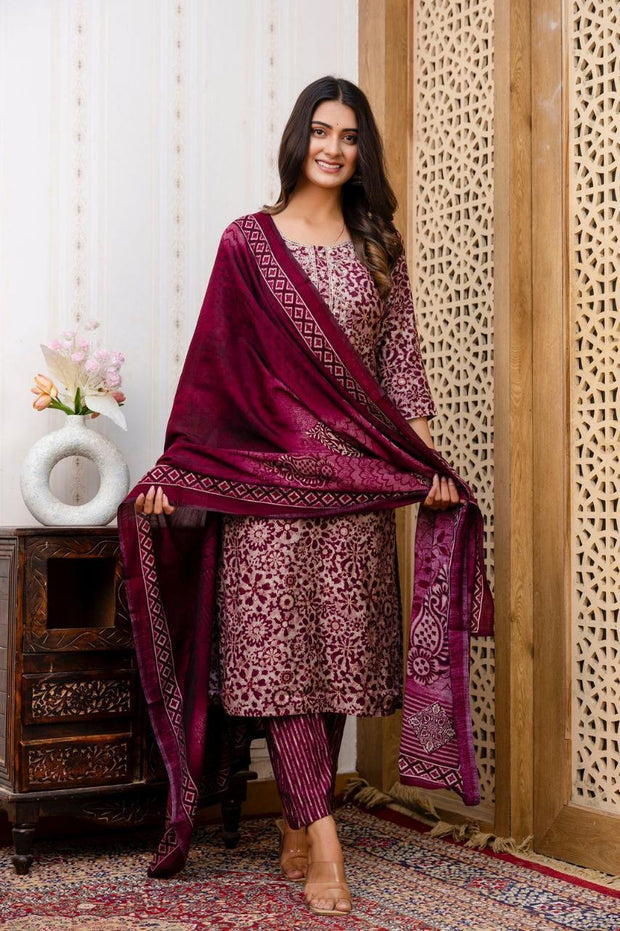 Muslin 3piece kurta set ( top, bottom & dupatta) in wine