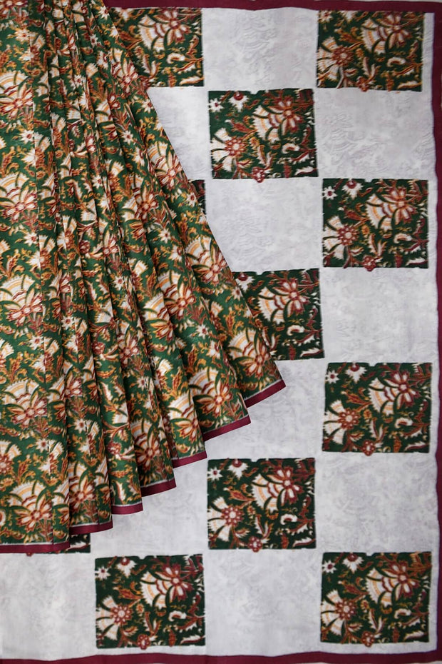 Modal silk saree in green with hand block print