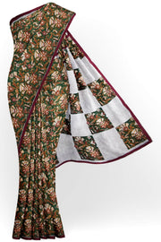 Modal silk saree in green with hand block print