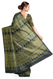 Modal silk saree in hand block ajrakh  print in bottle green