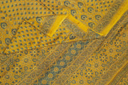 Modal silk saree in ajrakh block print in yellow  in floral pattern