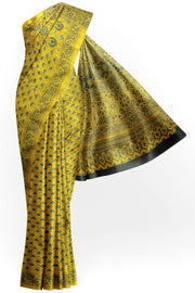 Modal silk saree in ajrakh block print in yellow  in floral pattern