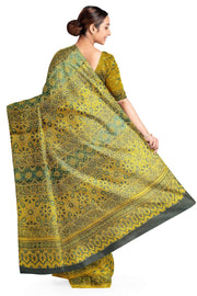 Modal silk saree in ajrakh block print in yellow  in floral pattern