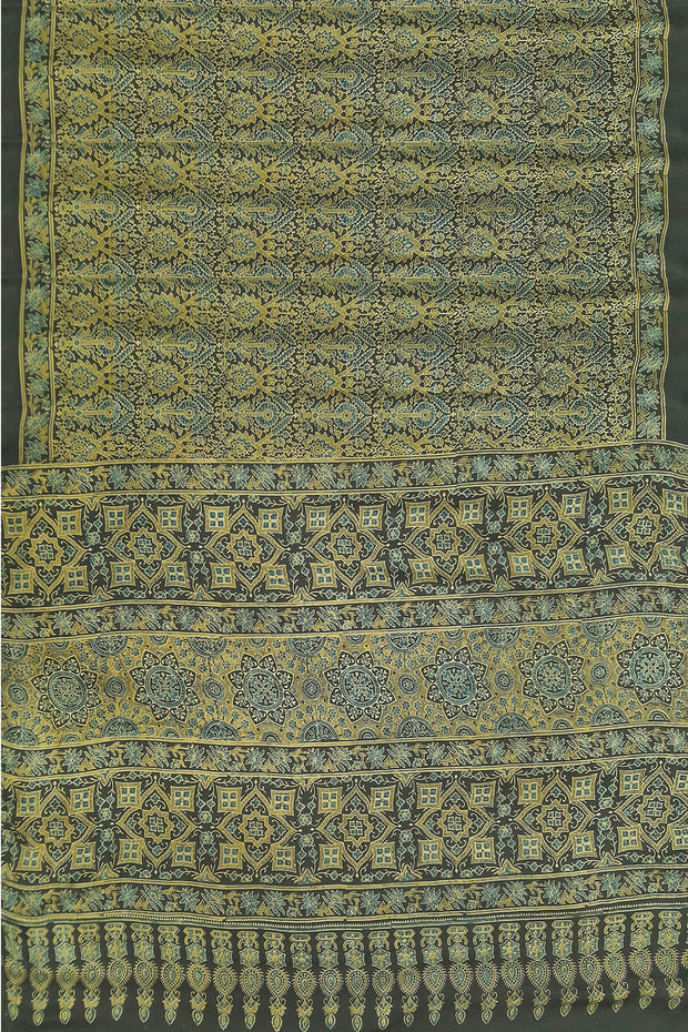 Modal silk saree in ajrakh block print in black & green  in floral pattern