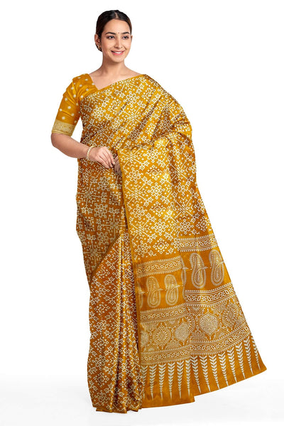 Modal silk saree in floral print in mustard