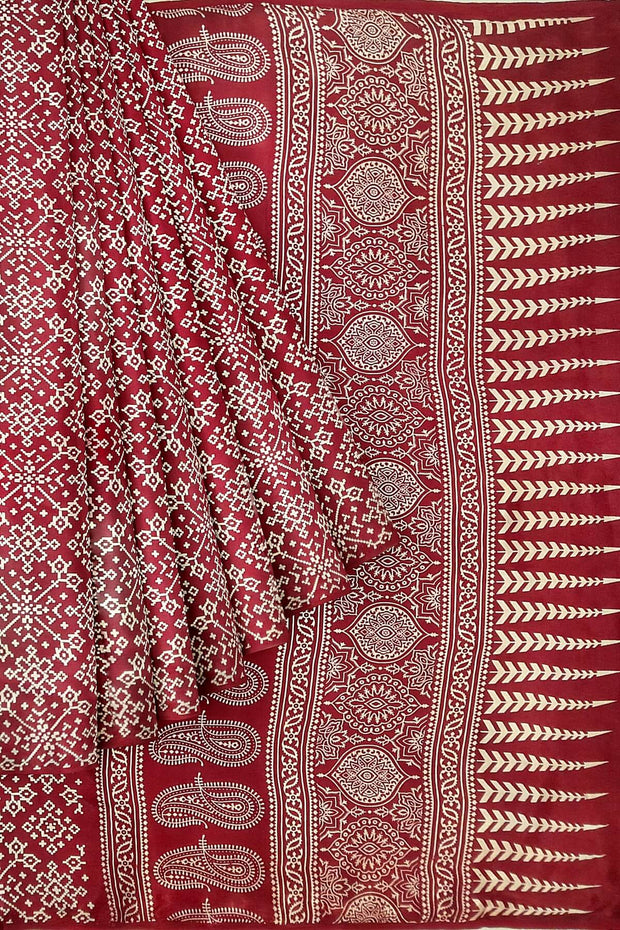 Modal silk saree in floral print in maroon