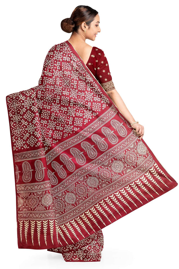 Modal silk saree in floral print in maroon