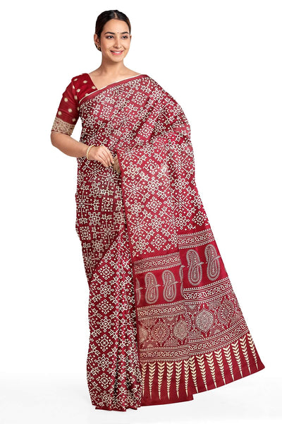 Modal silk saree in floral print in maroon