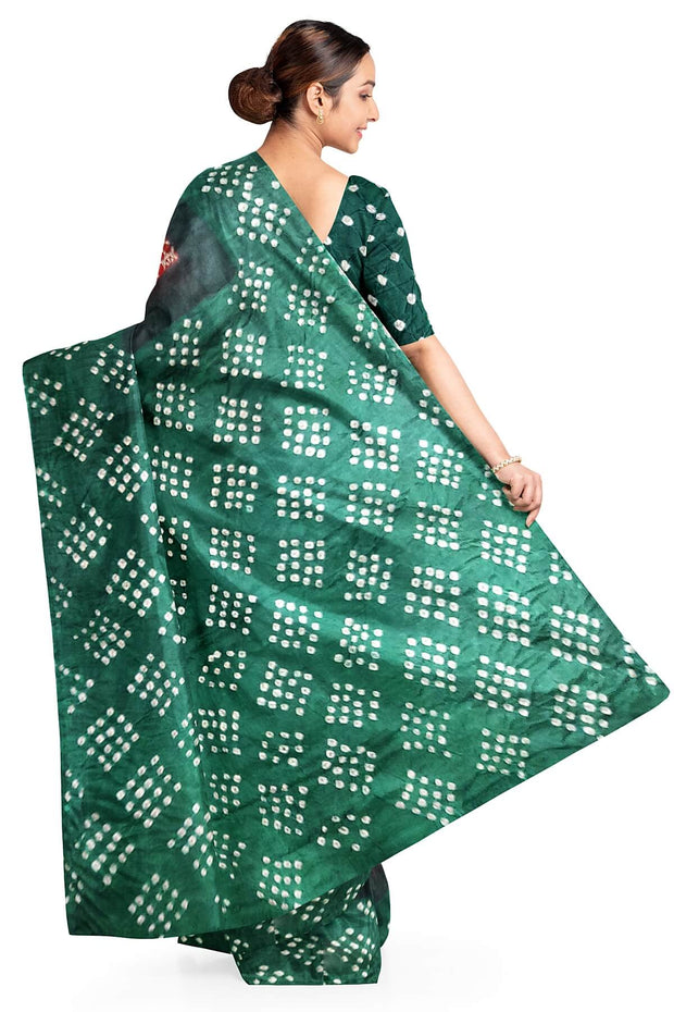 Modal silk saree in red in hand block ajrakh  print with bandini pallu & blouse in green